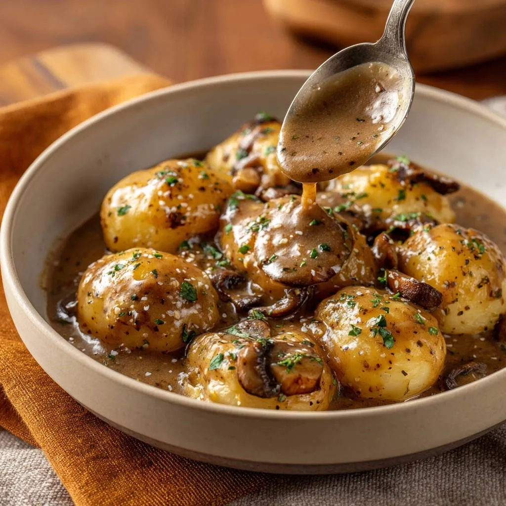 Golden potatoes and mushroom gravy with a spoonful of gravy being poured over the dish.