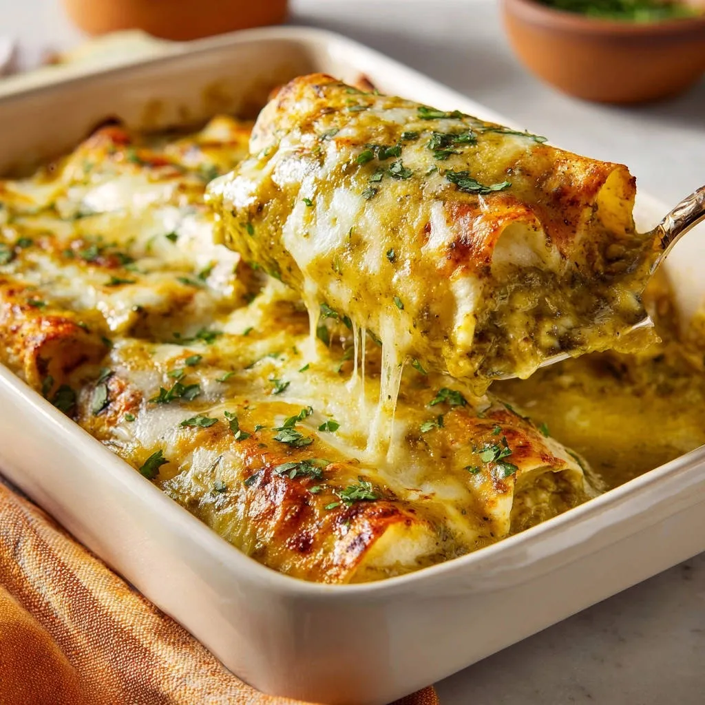 Classic green chile chicken enchiladas being lifted from a baking dish, showing gooey melted cheese.