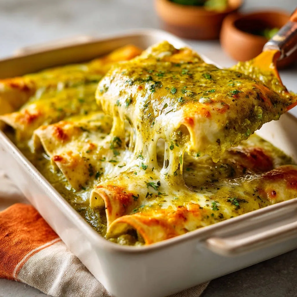 Classic green chile chicken enchiladas with a cheesy pull as one is lifted from the baking dish.
