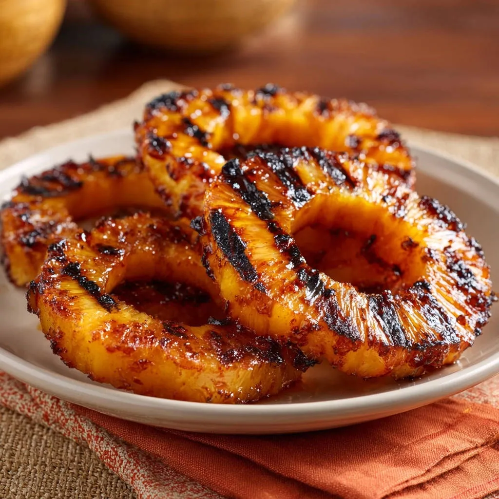 Grilled pineapple rings, showcasing their caramelized edges and distinct char marks from grilling.