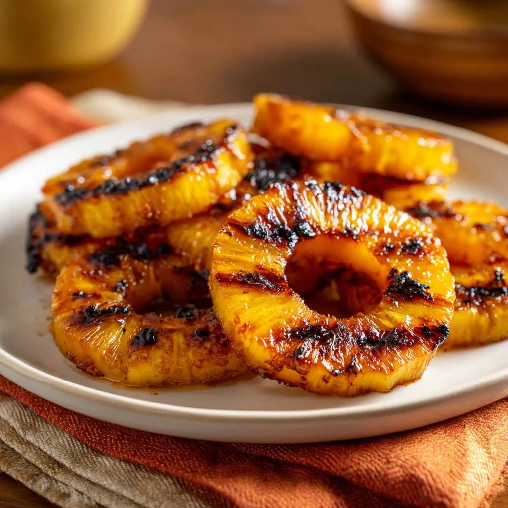 Grilled pineapple rings with prominent char marks and a glistening glaze, presented on a white plate.