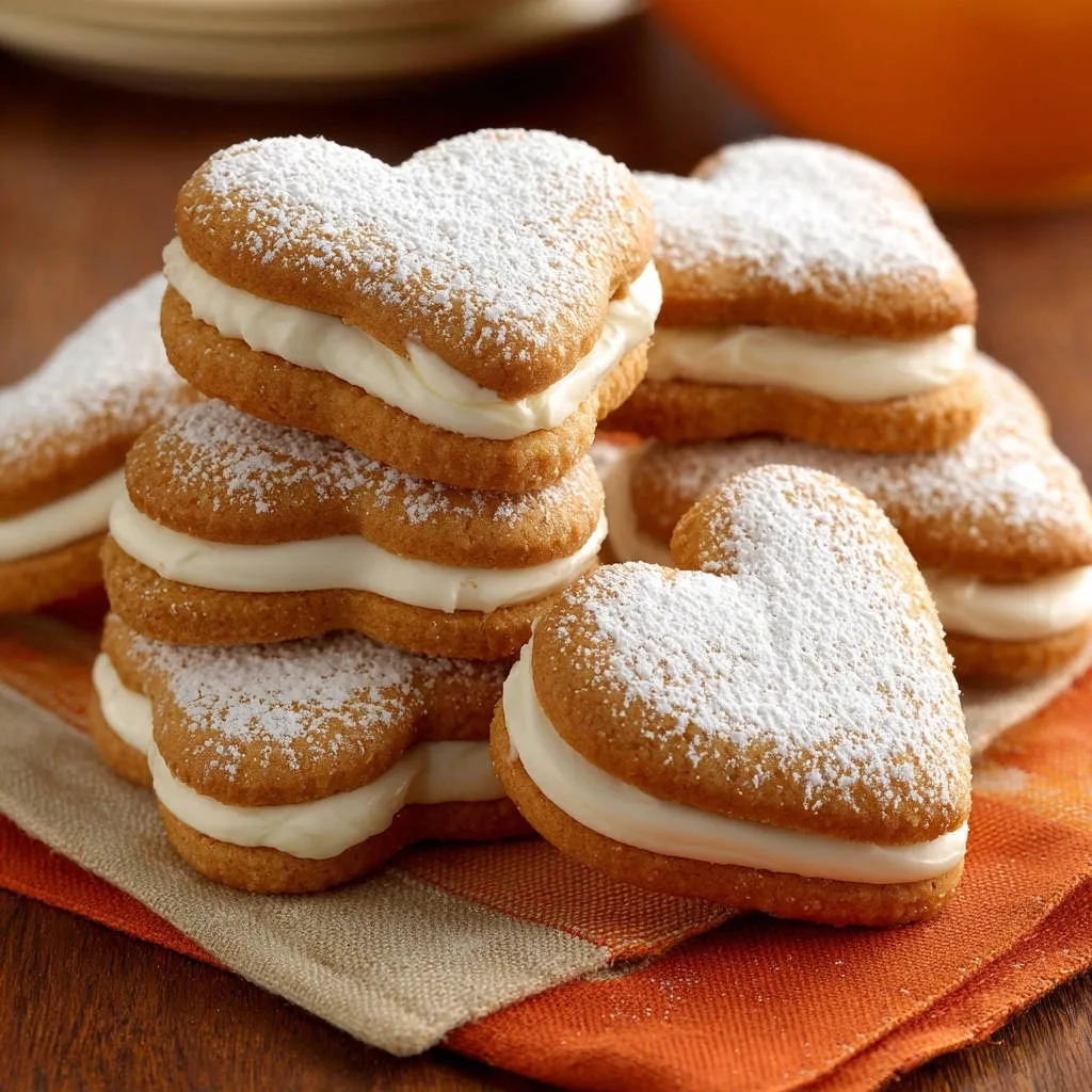 Heart-shaped vanilla sandwich cookies dusted with powdered sugar, stacked on an orange cloth.