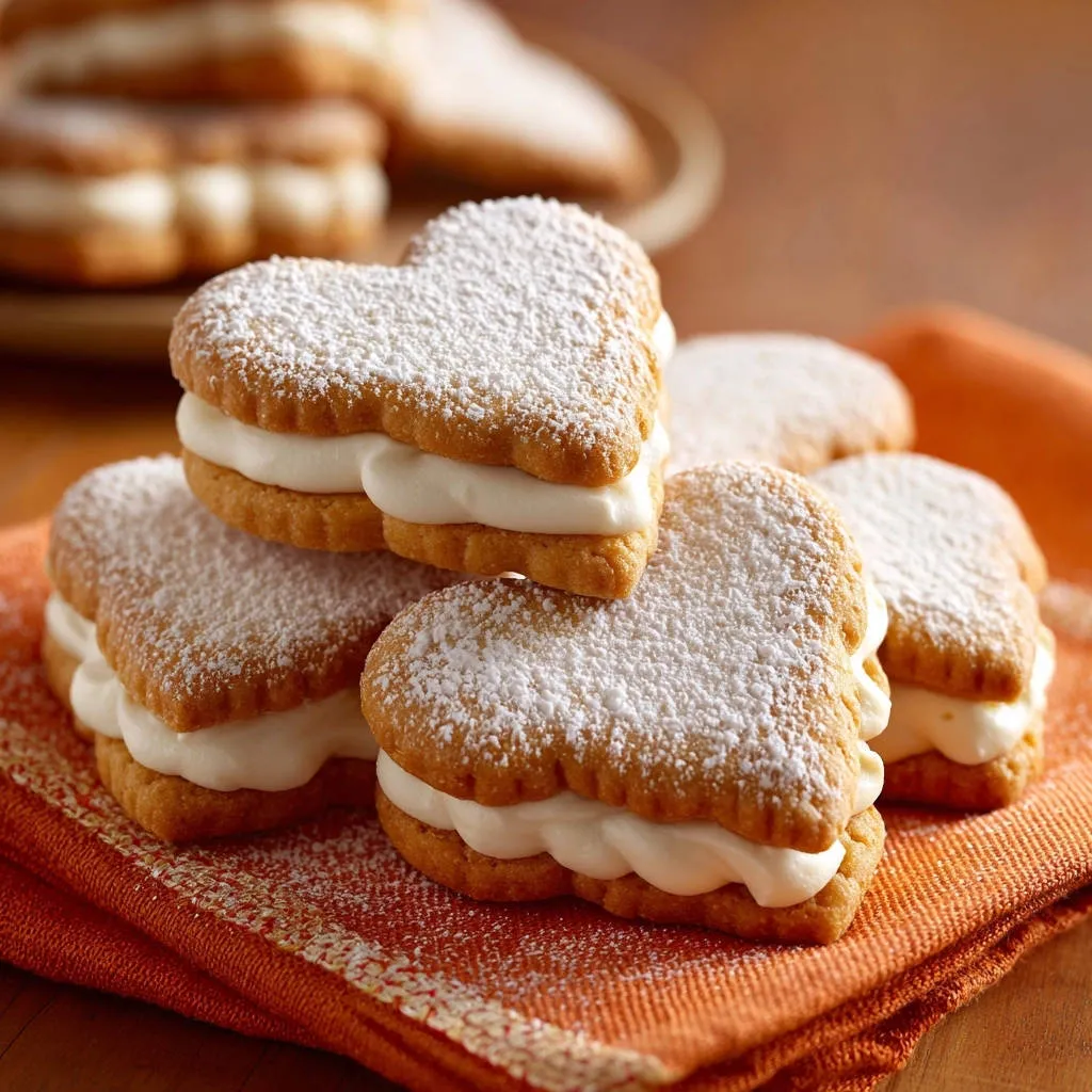 Heart-shaped vanilla sandwich cookies, tender and never crumbly, are dusted with powdered sugar and stacked on an orange napkin.