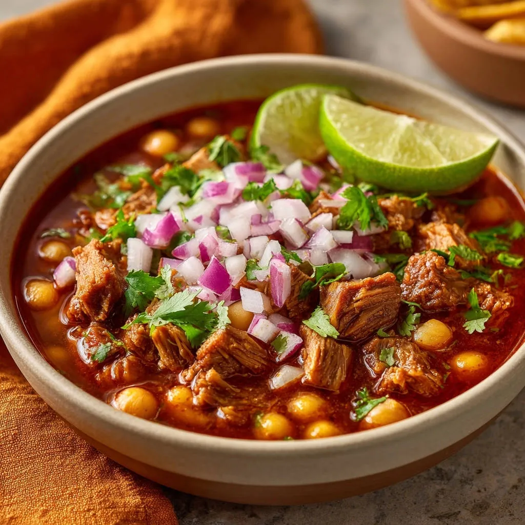 Hearty beef & chickpea stew with a close-up view of fresh cilantro and red onion garnish.