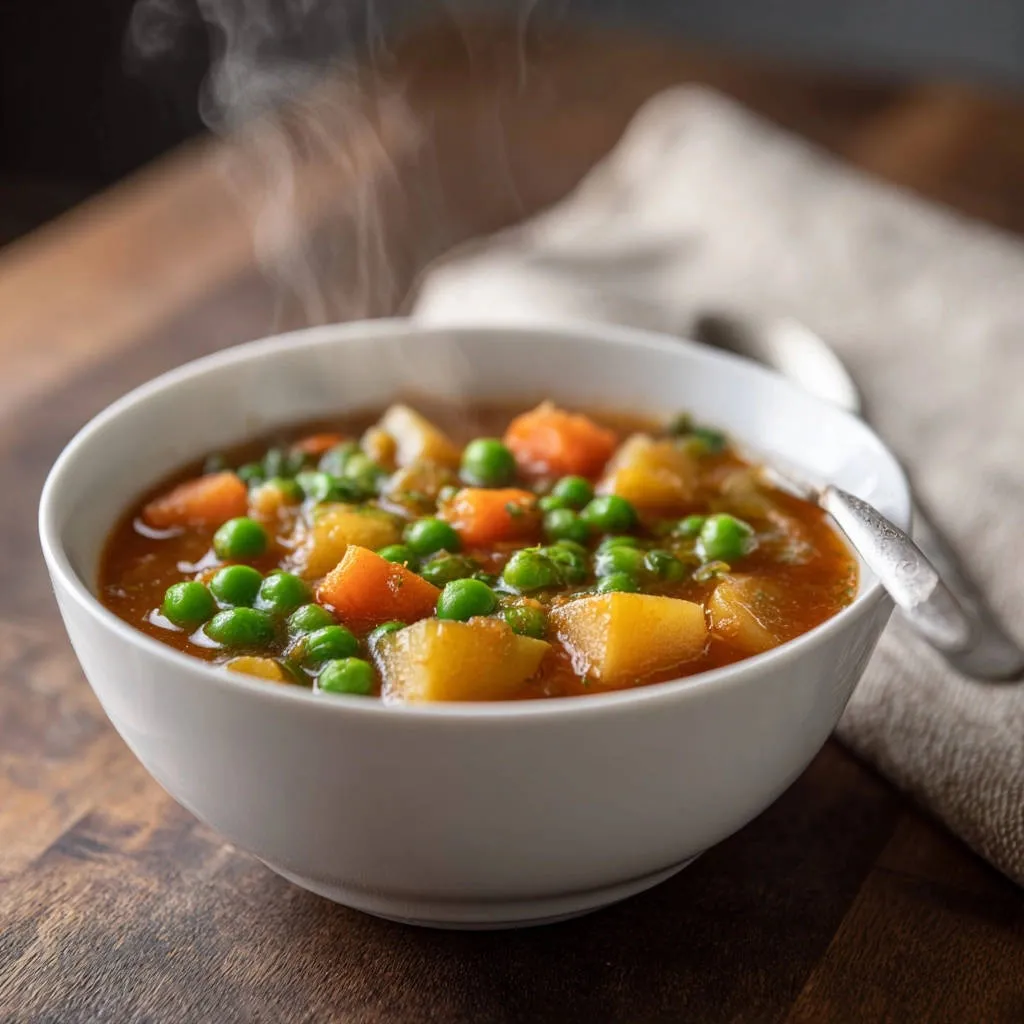 Hearty vegetable stew in a white bowl, showing a close-up detail of steaming ingredients with carrots, potatoes, and peas.