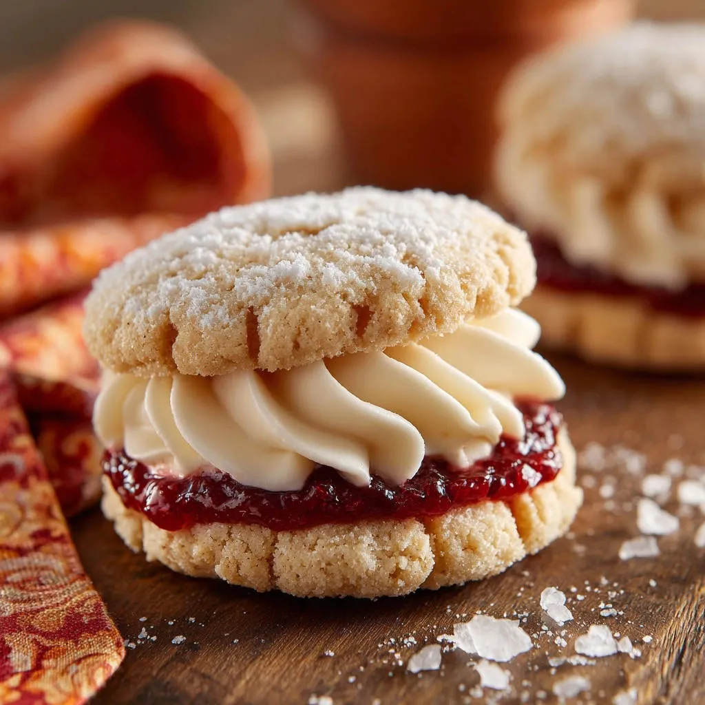 Classic jam sandwich cookies with a close-up view of stable whipped cream and raspberry filling.