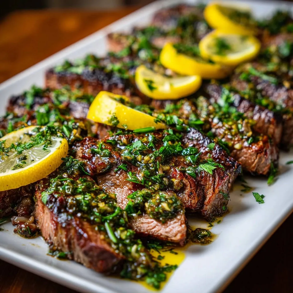 Juicy steak with bright chimichurri, sliced and garnished with lemon, showcasing a vibrant herb sauce.