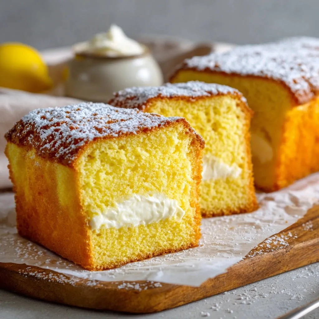 Lemon cake with a creamy filling, shown in a close-up cross-section dusted with powdered sugar.