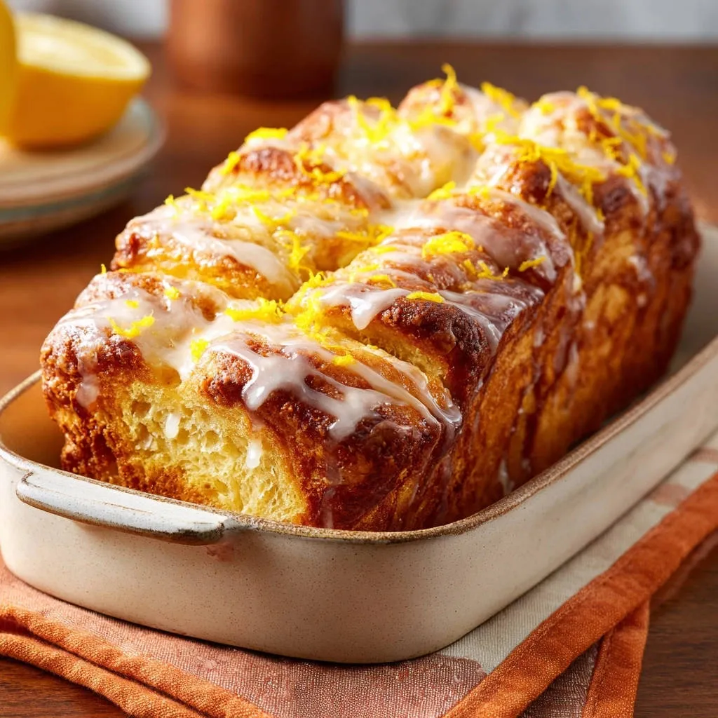 Lemon cream cheese pull-apart bread with a white glaze and lemon zest topping in a baking dish.