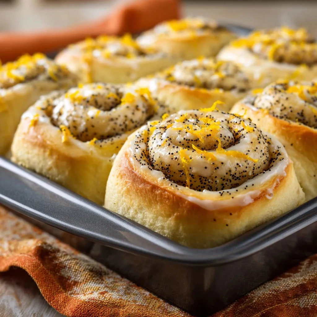Lemon poppy seed rolls glistening with icing and topped with zest, displayed in a baking pan.