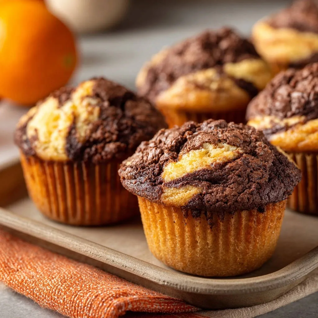 Marbled chocolate orange muffins showcasing their fluffy texture and rich chocolate swirls in a close-up view.