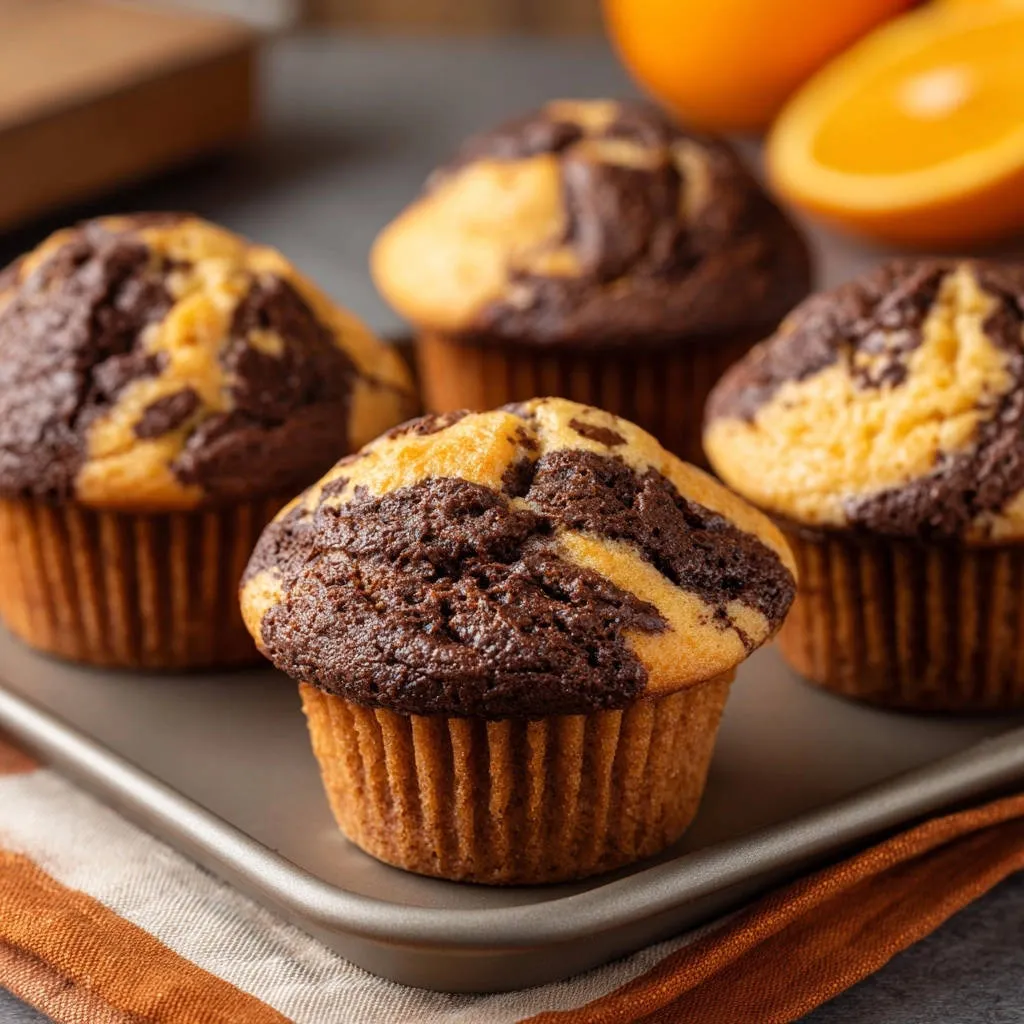 Marbled chocolate orange muffins displayed on a baking tray with a close-up view of their swirled texture.