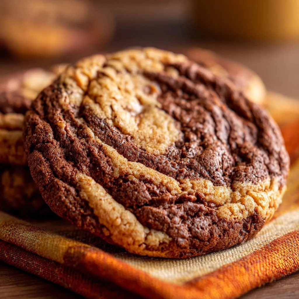 Marbled chocolate vanilla swirl cookies, a close-up shot showing the rich, swirled texture of the cookie on a patterned napkin.