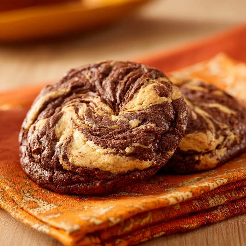 Marbled chocolate vanilla swirl cookies, chewy and soft, are presented side-by-side on an orange patterned napkin.