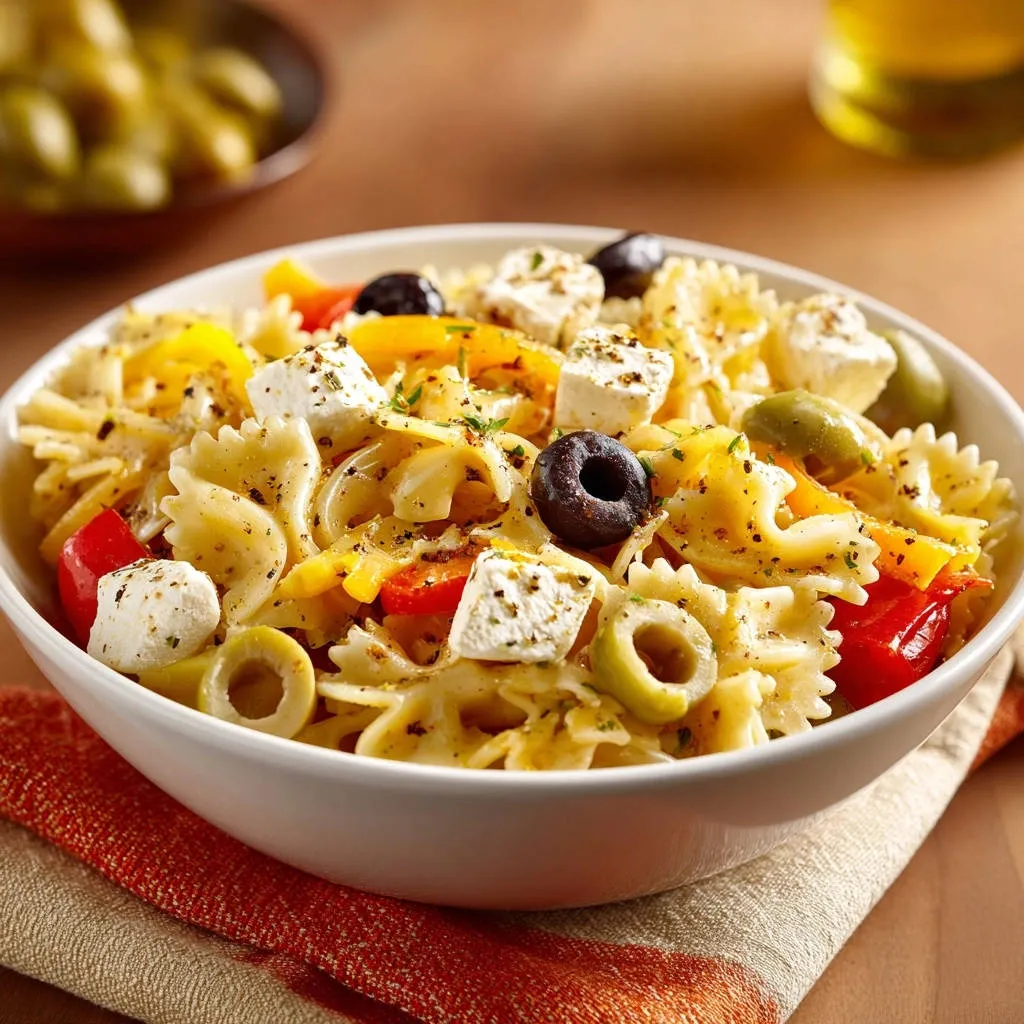 Easy Mediterranean Pasta Salad served in a white bowl with feta cheese, olives, and bell peppers, presented close-up.
