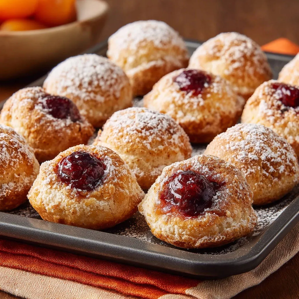 Mini jam tarts topped with powdered sugar and glistening jam, presented on a baking tray.