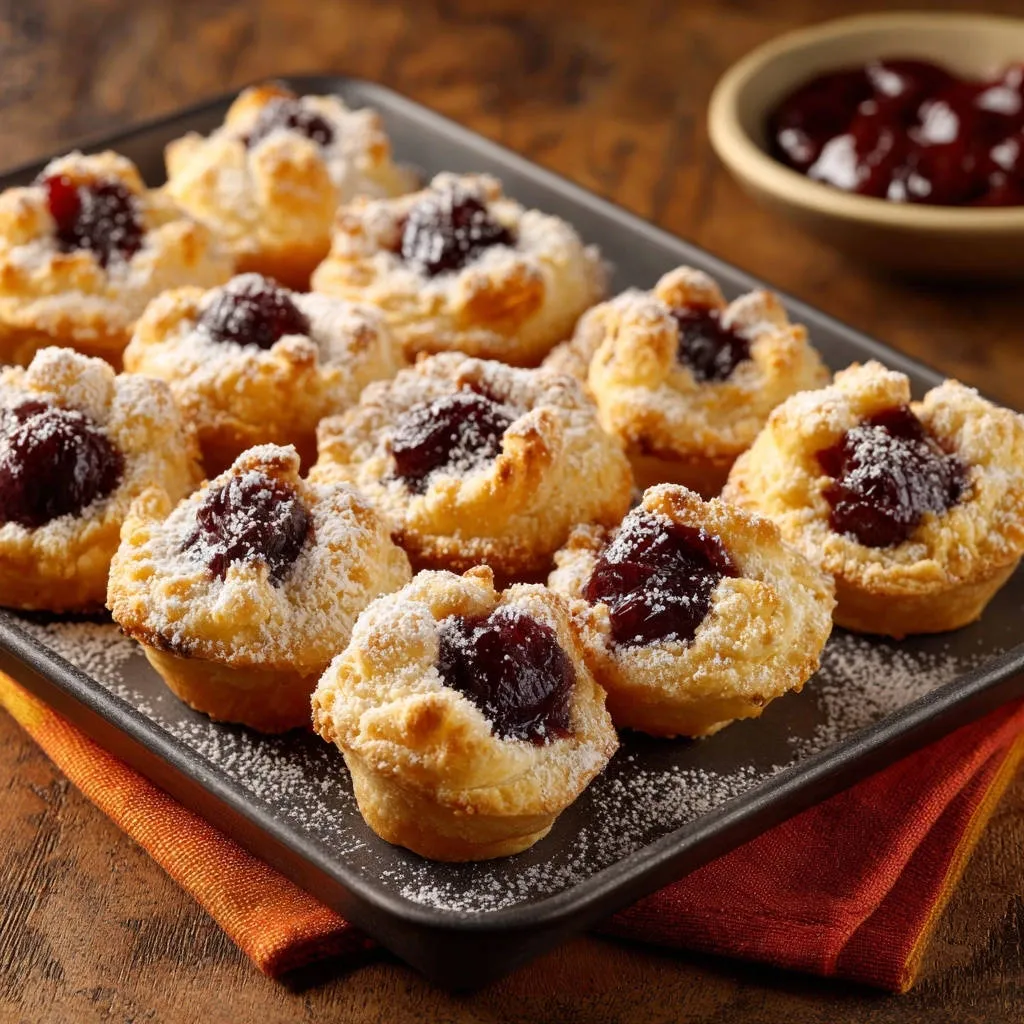 Mini jam tarts with crisp crusts and a dollop of jam, arranged on a dark tray from an overhead perspective.