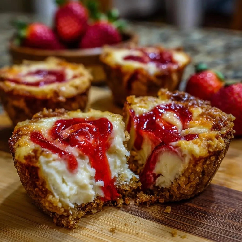 Mini strawberry swirl cheesecakes cross-section revealing creamy interior and graham cracker crust.