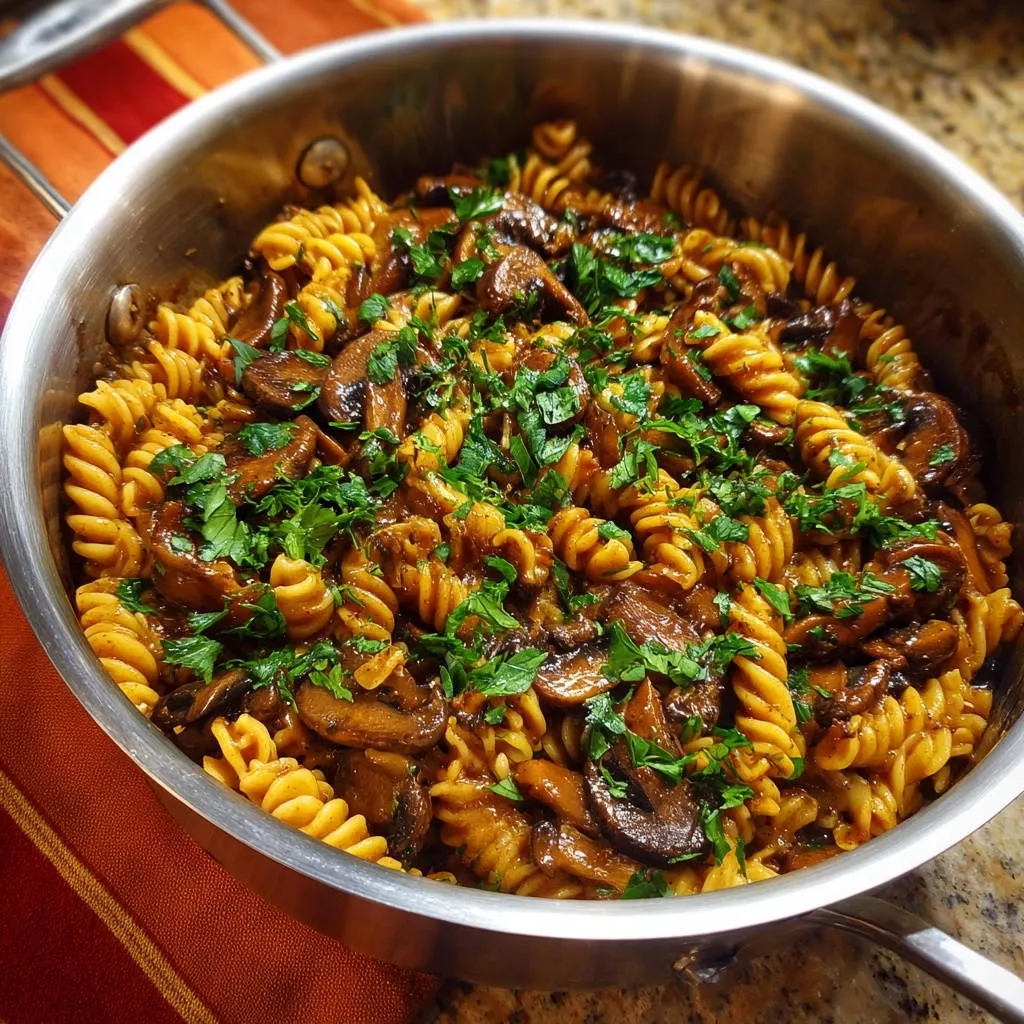 Rich Mushroom Fusilli in a stainless steel pan, topped with fresh parsley, showcasing the pasta and mushroom mixture.