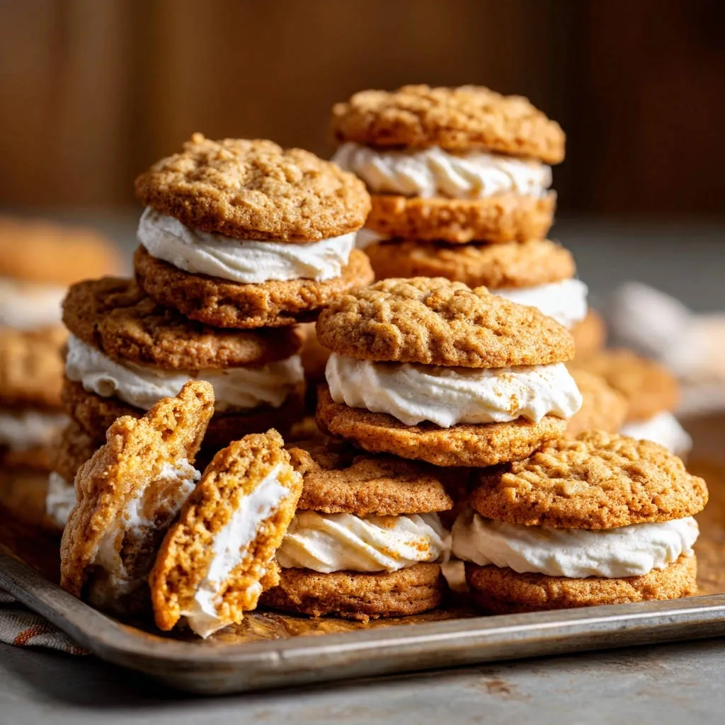 Classic oatmeal cream pies revealing their creamy filling in a close-up cross-section of a stacked dessert.