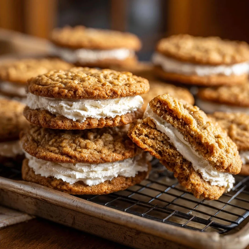 Classic oatmeal cream pies stacked and one shown in a close-up cross-section revealing the creamy filling.