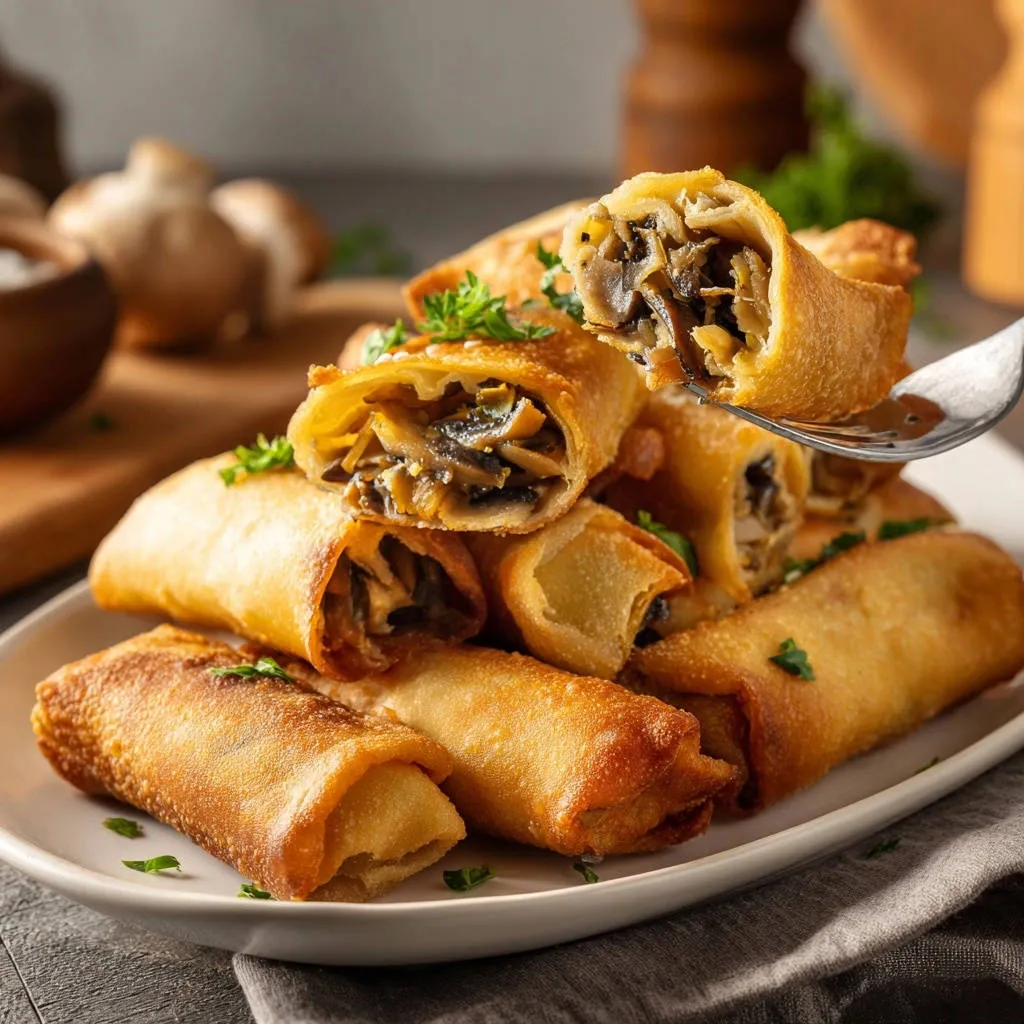 Pan-fried mushroom and sauerkraut rolls shown in a close-up cross-section as one is lifted by a fork.