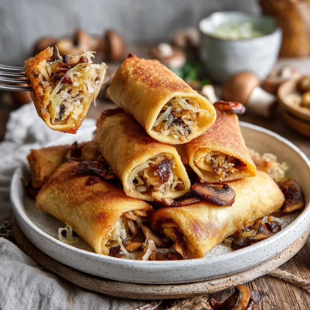 Pan-fried mushroom and sauerkraut rolls shown in a fork cross-section, revealing the savory filling.