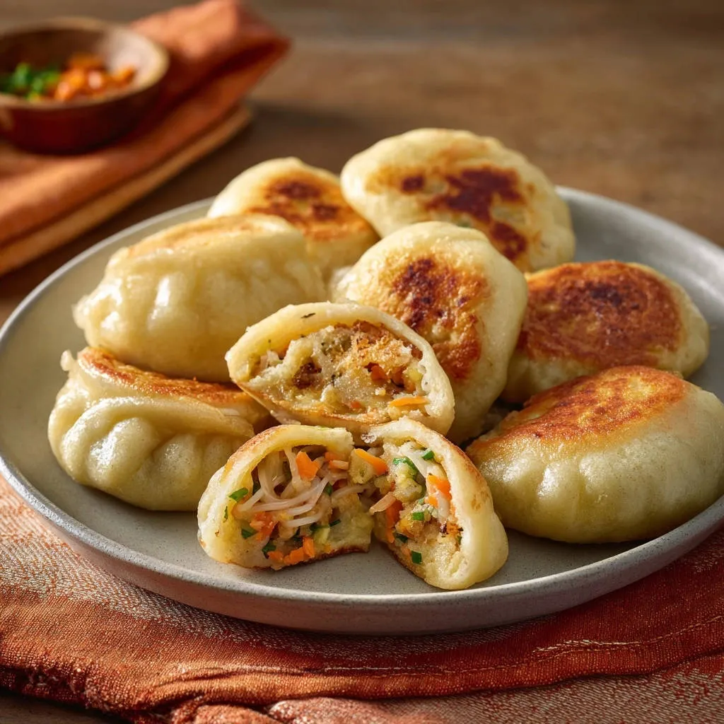 Pan-fried noodle buns shown in a close-up cross-section revealing the savory filling and noodle texture.