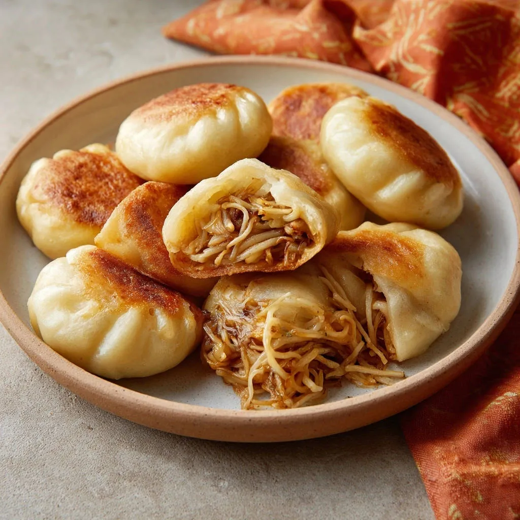 Pan-fried noodle buns shown in a close-up cross-section revealing the savory noodle filling.