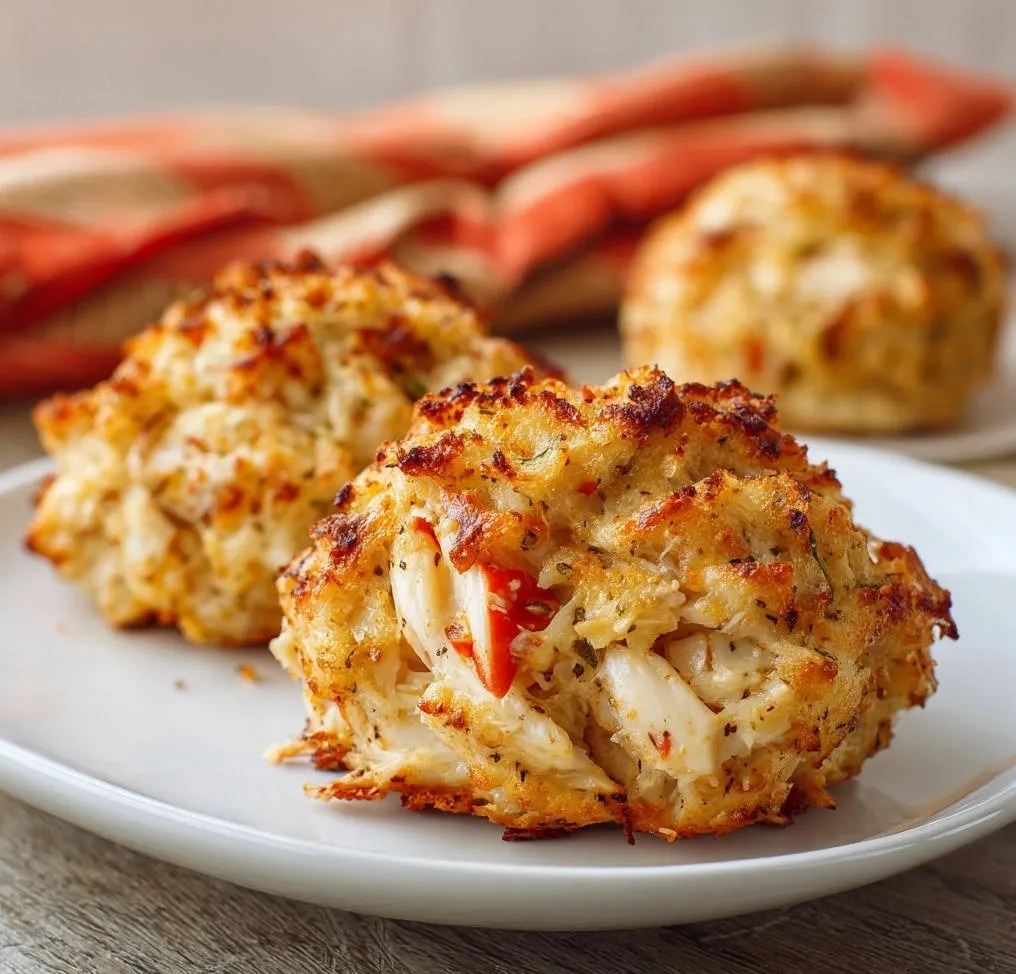 Perfect crab cakes shown in a close-up cross-section revealing their flaky interior and golden-brown crust.