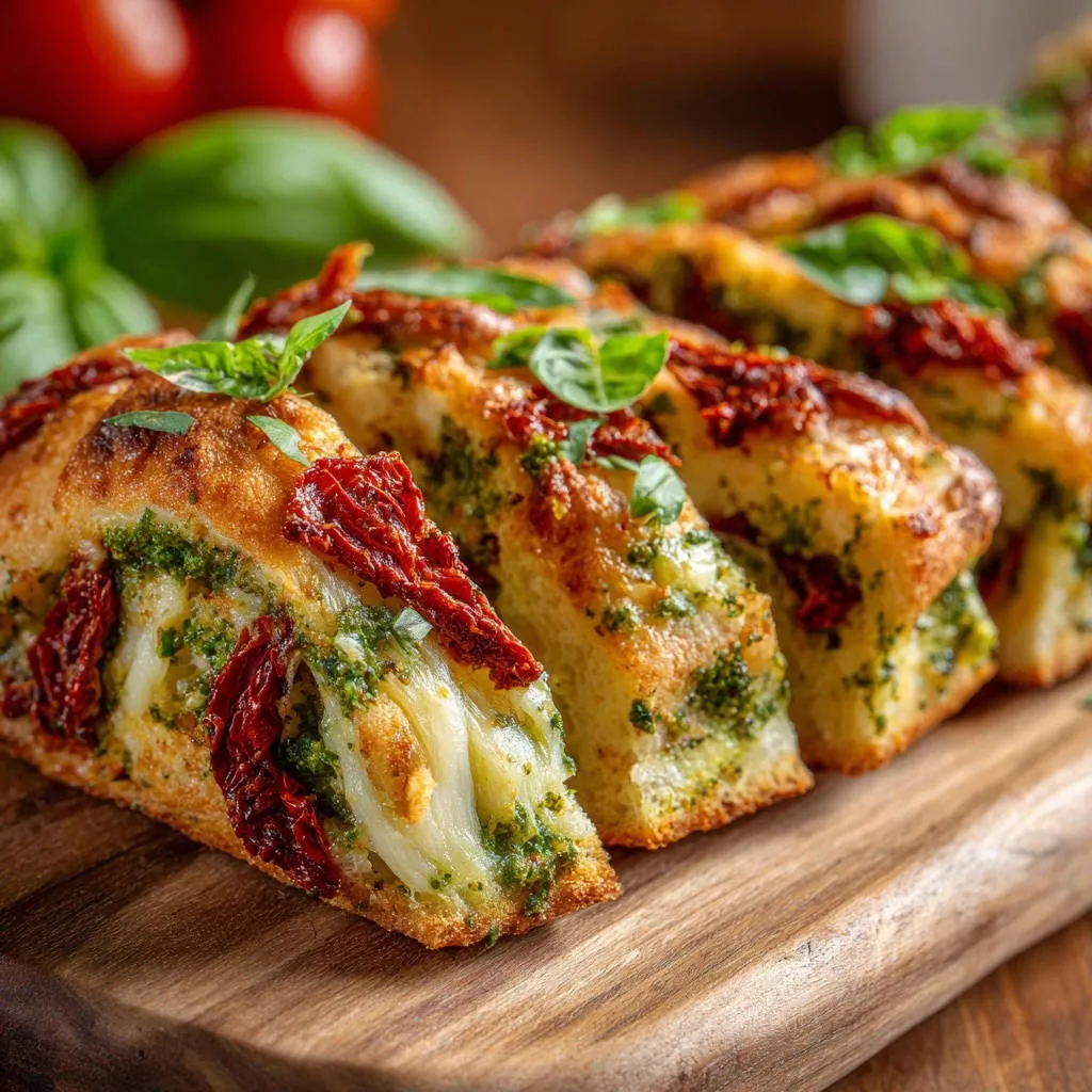 Pesto sun-dried tomato grilled cheese showing a gooey cheese cross-section with fresh basil and sun-dried tomatoes.