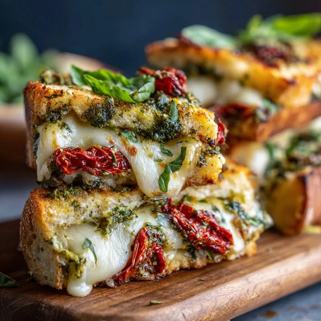 Pesto sun-dried tomato grilled cheese showing a gooey, melted cheese cross-section with visible pesto and tomatoes.