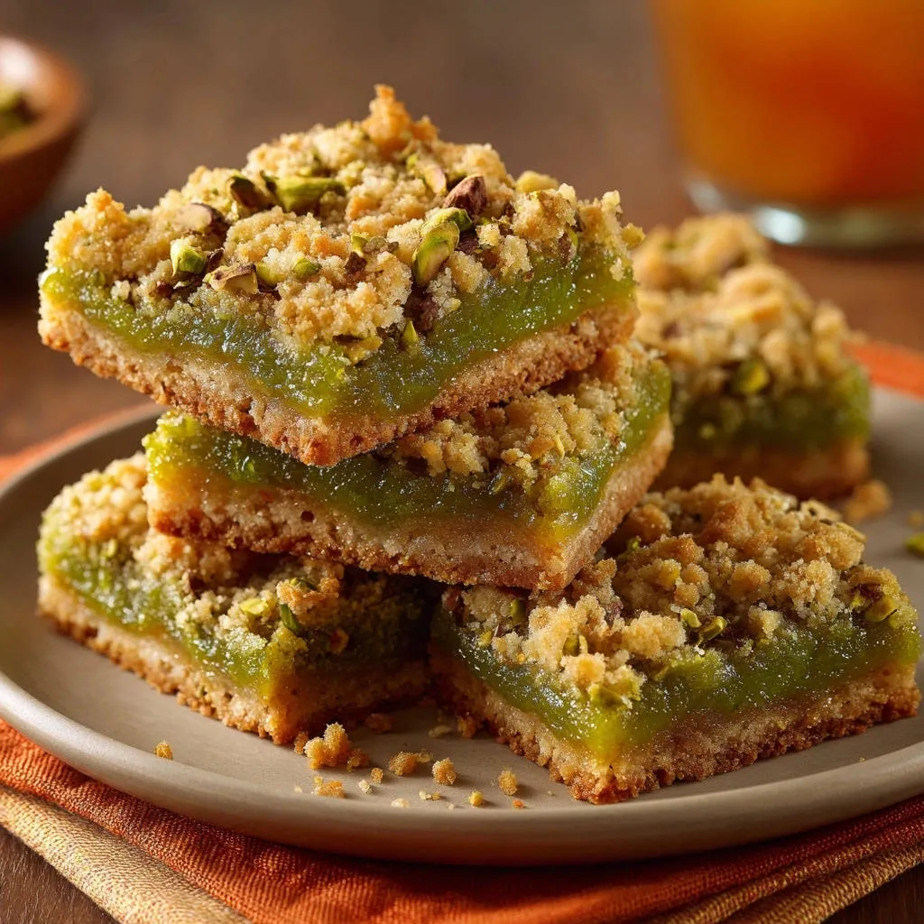 Vibrant Pistachio Lime Bars stacked in a close-up view, showing the crumb topping and green filling.