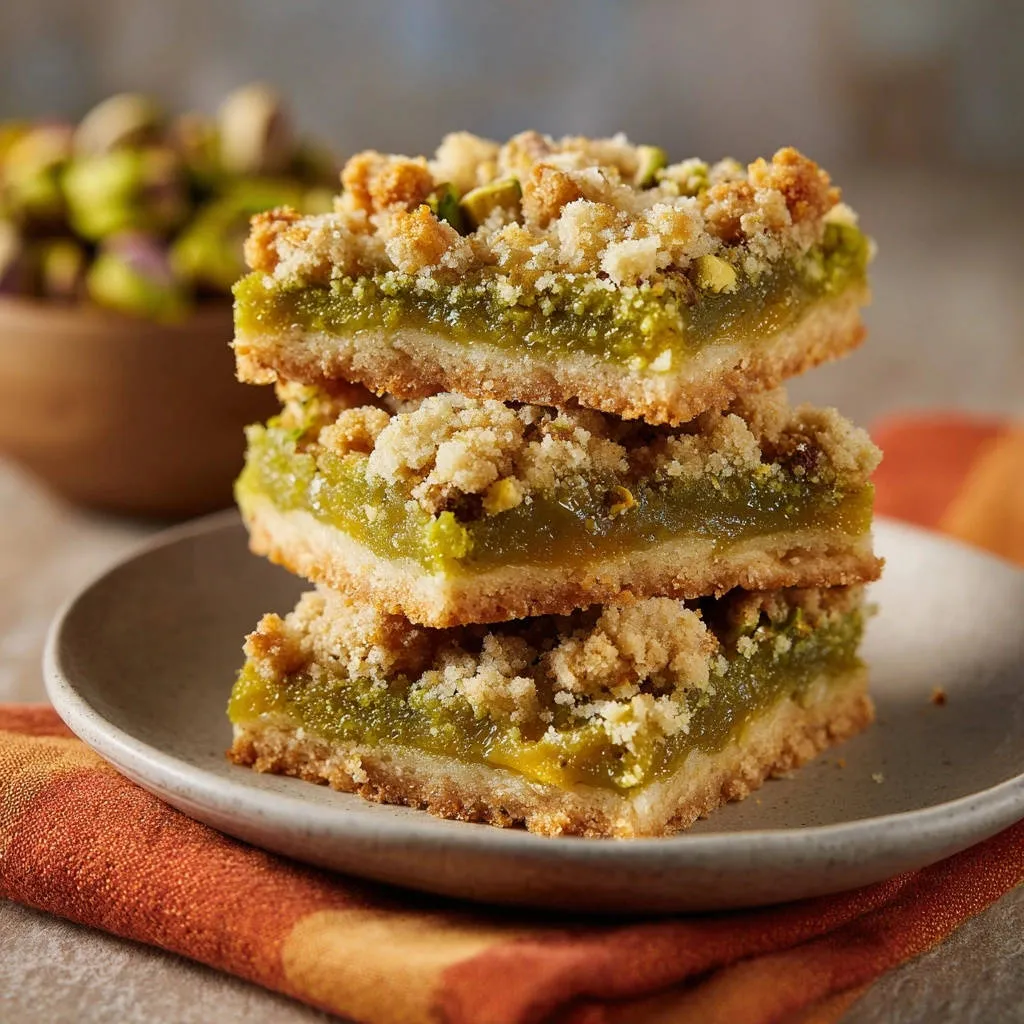 Vibrant Pistachio Lime Bars, a close-up detail of three stacked bars showing the crumb topping and green filling.