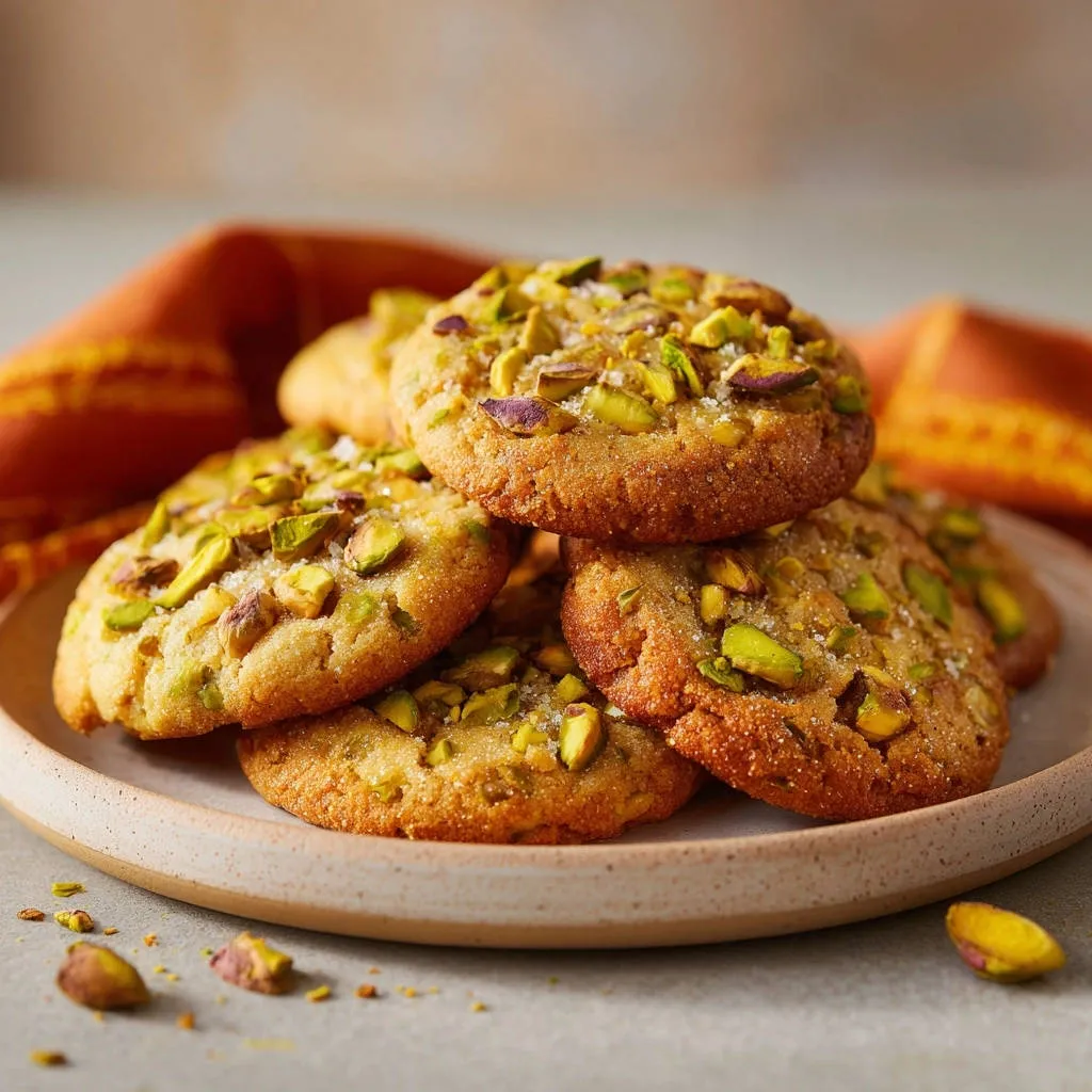 Pistachio sea salt cookies, a close-up view of a pile of chewy cookies generously topped with chopped pistachios and coarse salt.