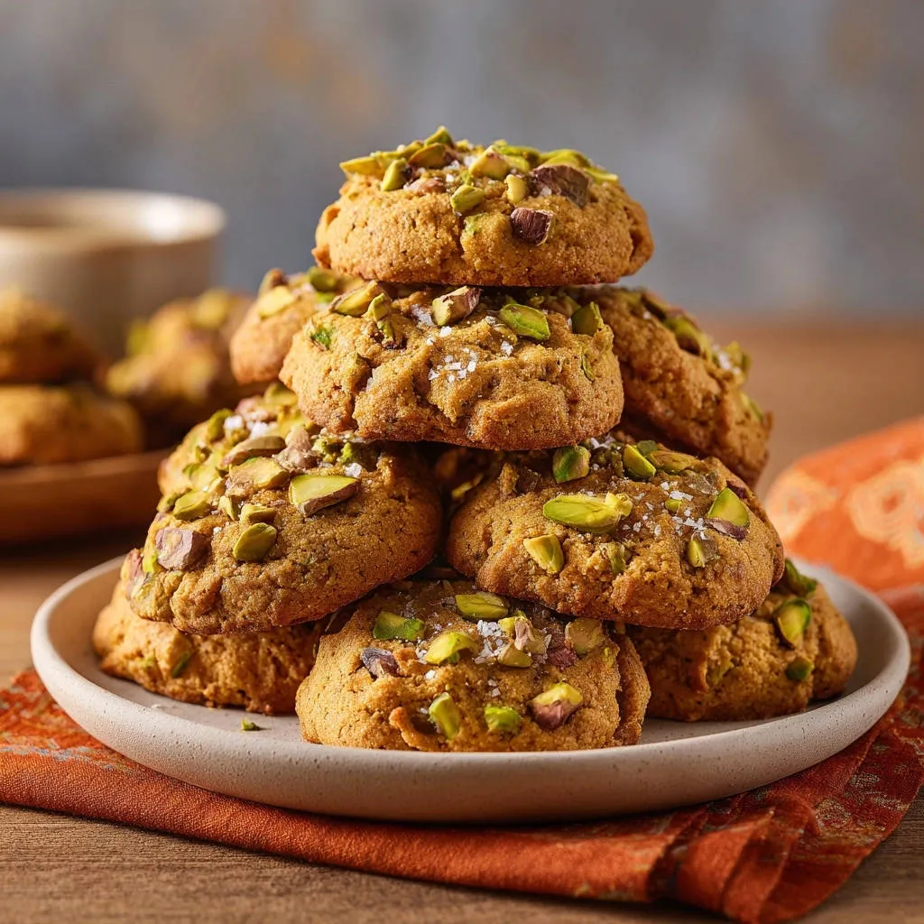 Pistachio sea salt cookies, a tall stack of chewy baked treats generously topped with chopped pistachios and flaky sea salt.