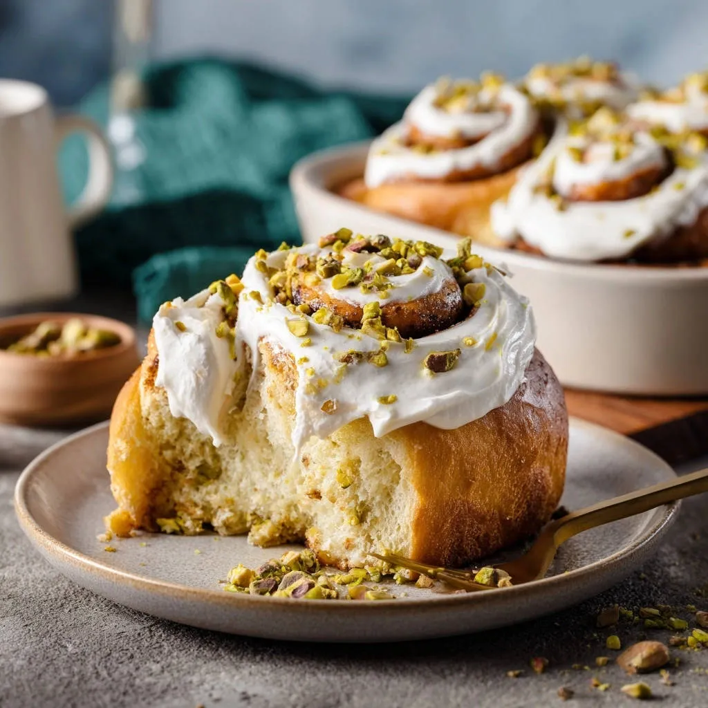 Easy Pistachio Swirl Rolls plated with a fork showing a close-up cross-section of the moist interior and pistachio topping.