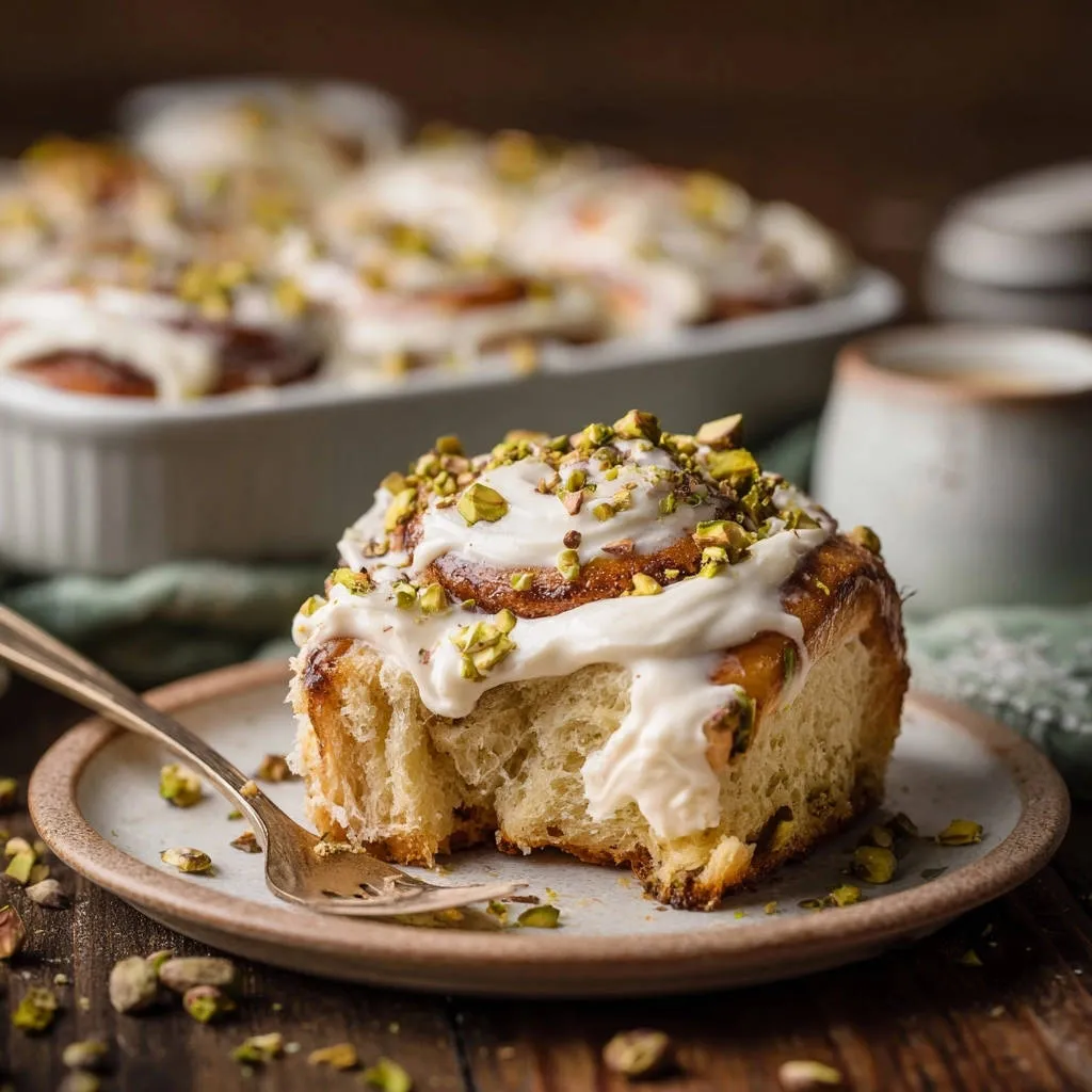 Easy Pistachio Swirl Rolls shown as a single plated roll with a bite taken out, revealing the fluffy interior.