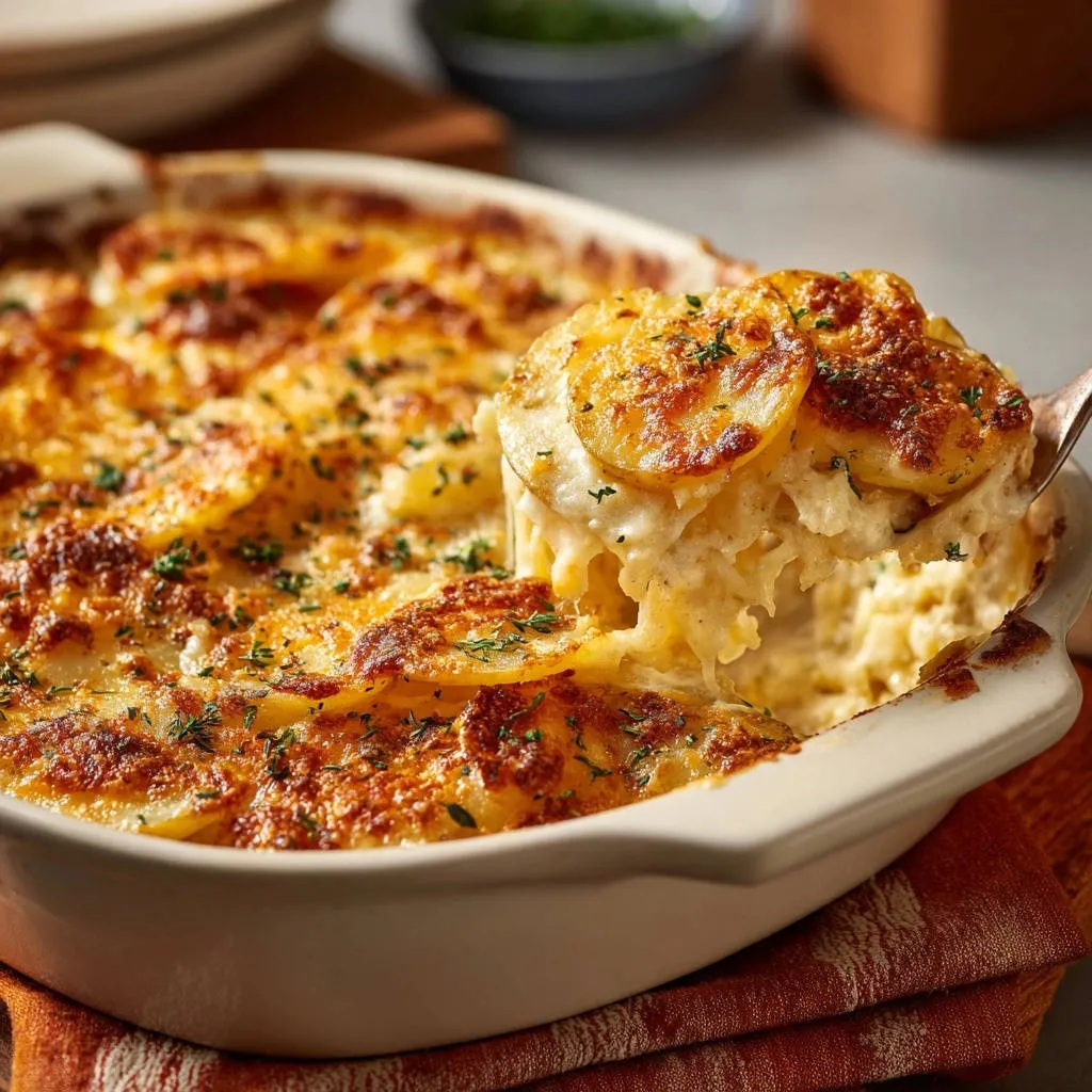 Perfect potato gratin with a serving spoon lifting a creamy, cheesy portion from the baking dish.
