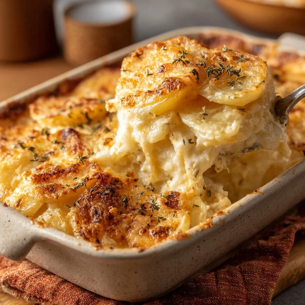 Perfect Potato Gratin, a spoonful revealing the creamy, tender potato interior in a baking dish.