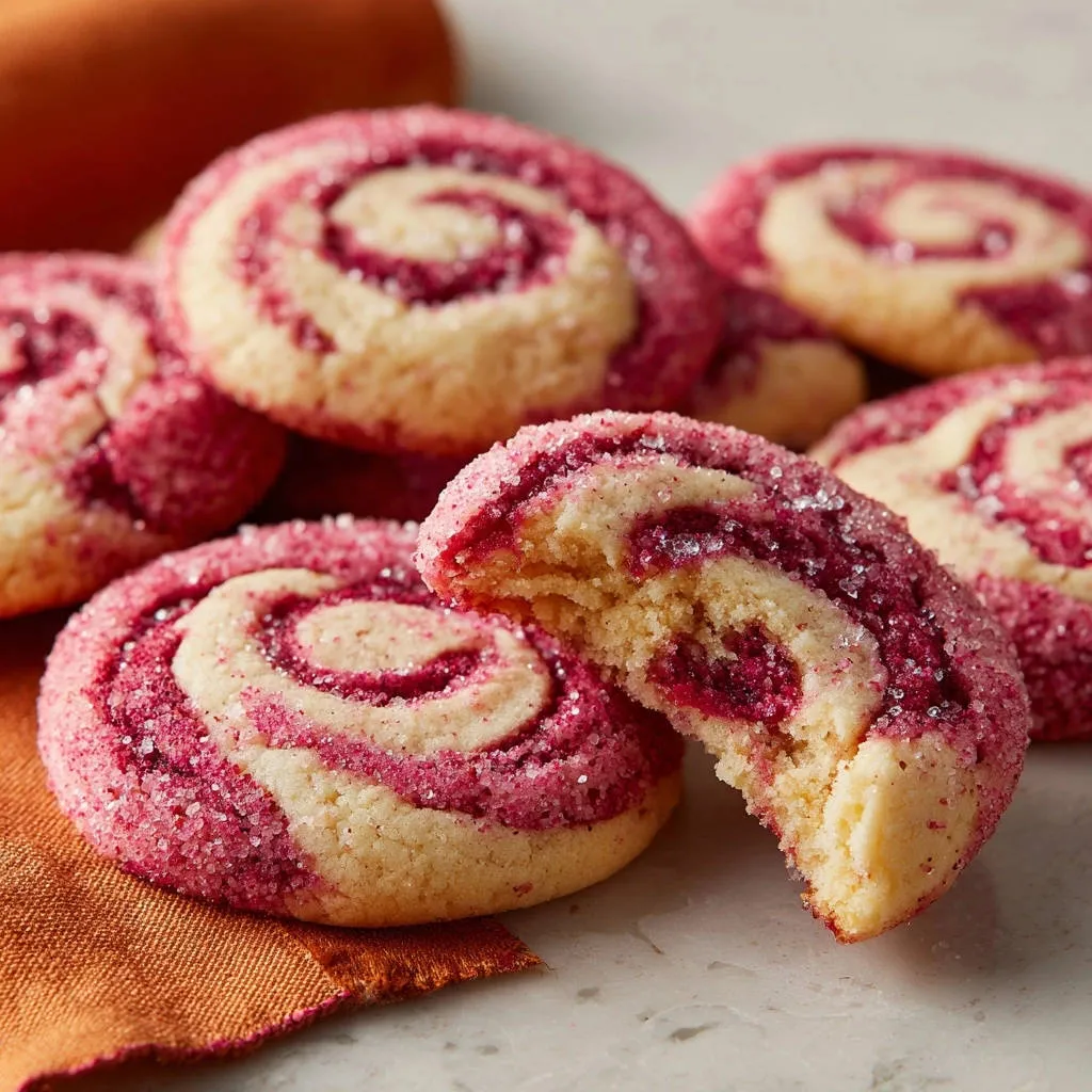 Pretty swirl cookies cross-section detail showing the pink and white dough layers and sugar coating.