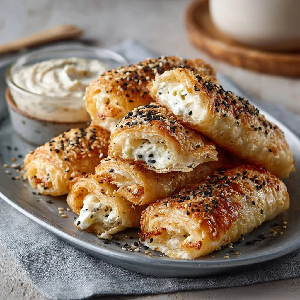 Puff pastry cheese rolls shown in a cross-section revealing the creamy filling, served with a side of dip.