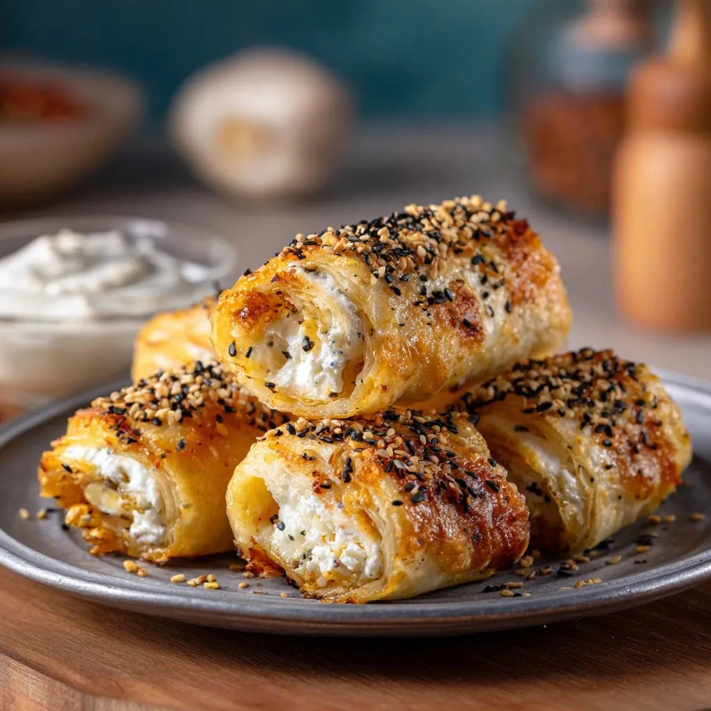 Puff pastry cheese rolls with a cross-section showing the creamy filling and topped with sesame and black seeds.
