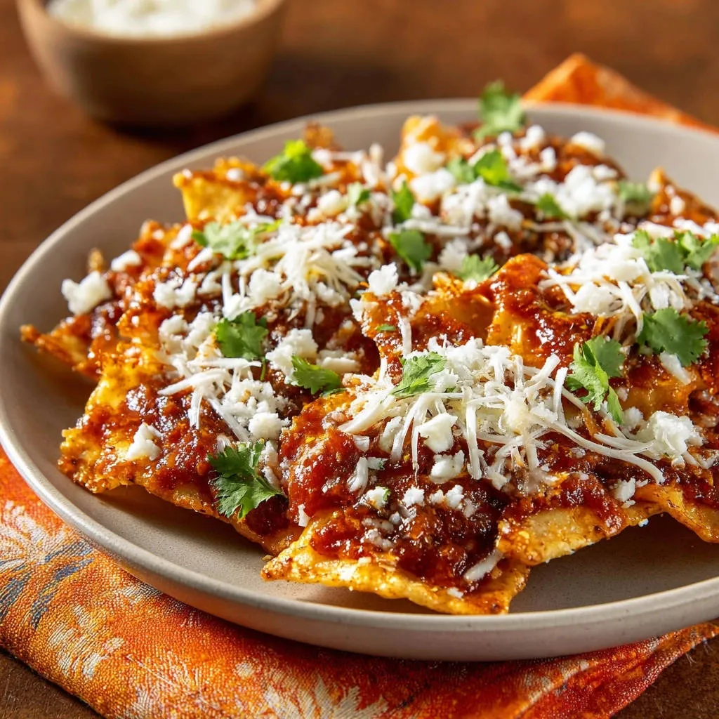 Authentic red chilaquiles generously topped with crumbled cheese and fresh cilantro in a close-up view.