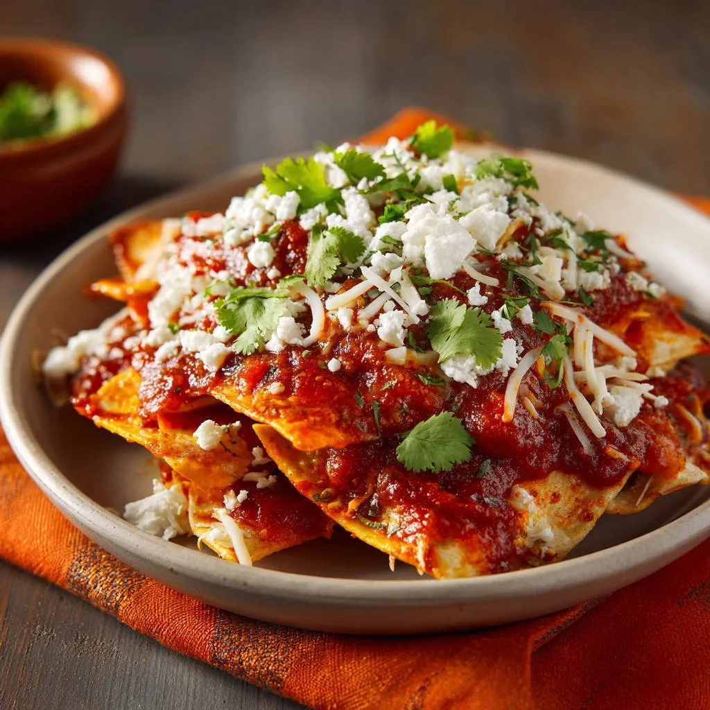 Authentic red chilaquiles generously topped with crumbled queso fresco, shredded cheese, and fresh cilantro.