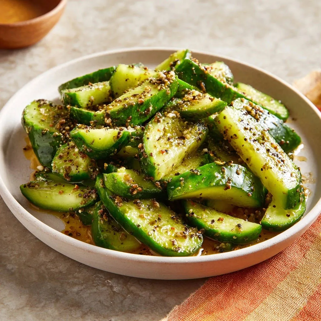 Refreshing cucumber salad sliced and seasoned with spices, served on a white plate.