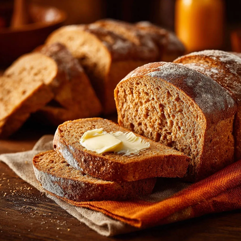 Rustic whole wheat loaf featuring a close-up of a slice topped with butter.