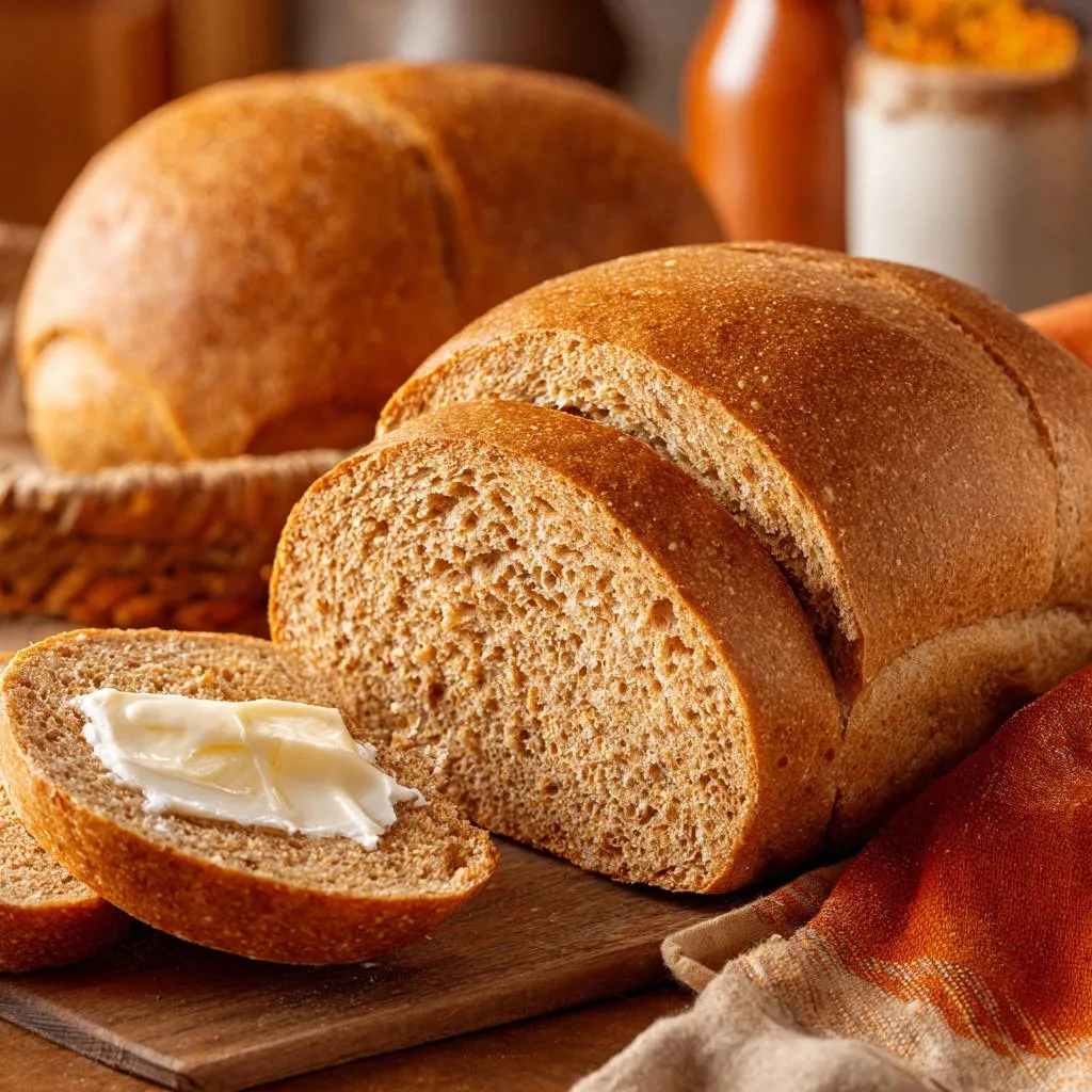 Rustic whole wheat loaf sliced with butter on a slice, showcasing its fluffy interior texture.