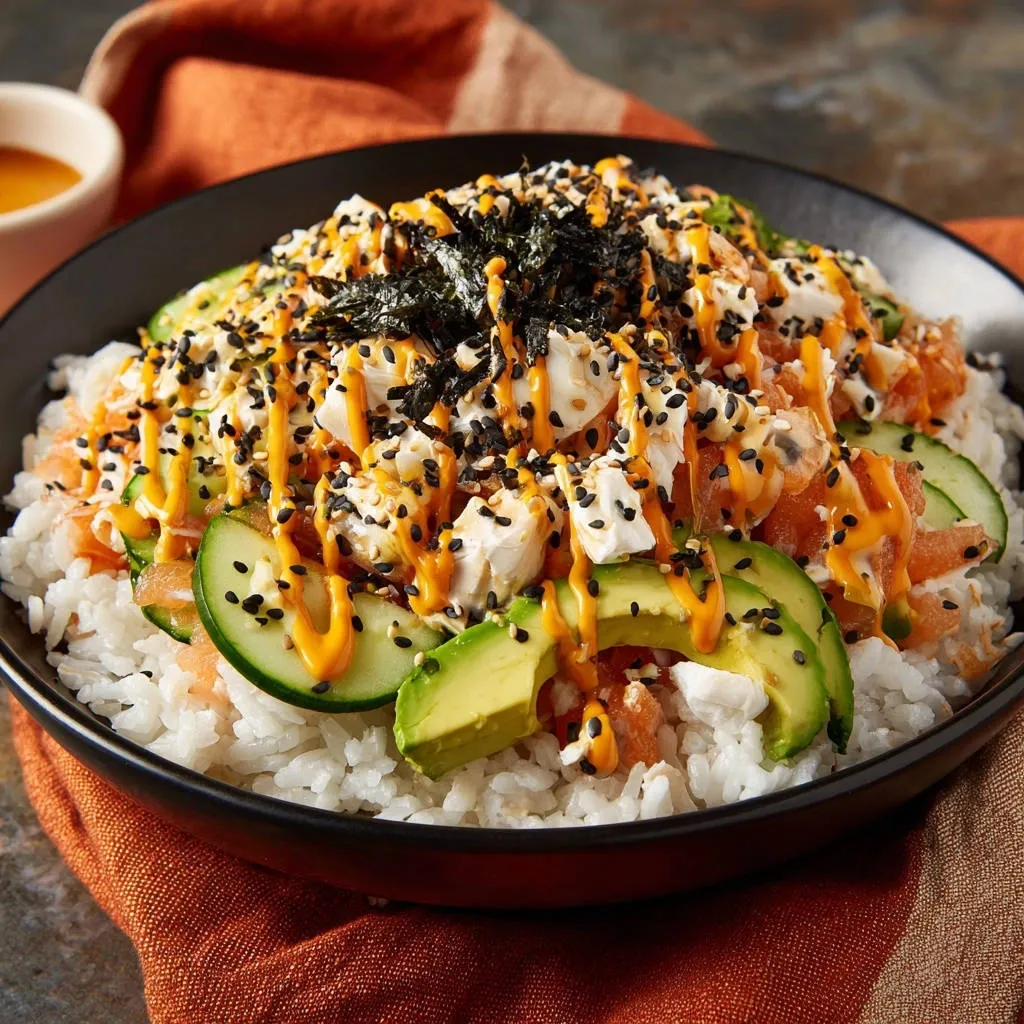 Salmon poke bowl with fluffy sushi rice, avocado, cucumber, and drizzled with sauce.