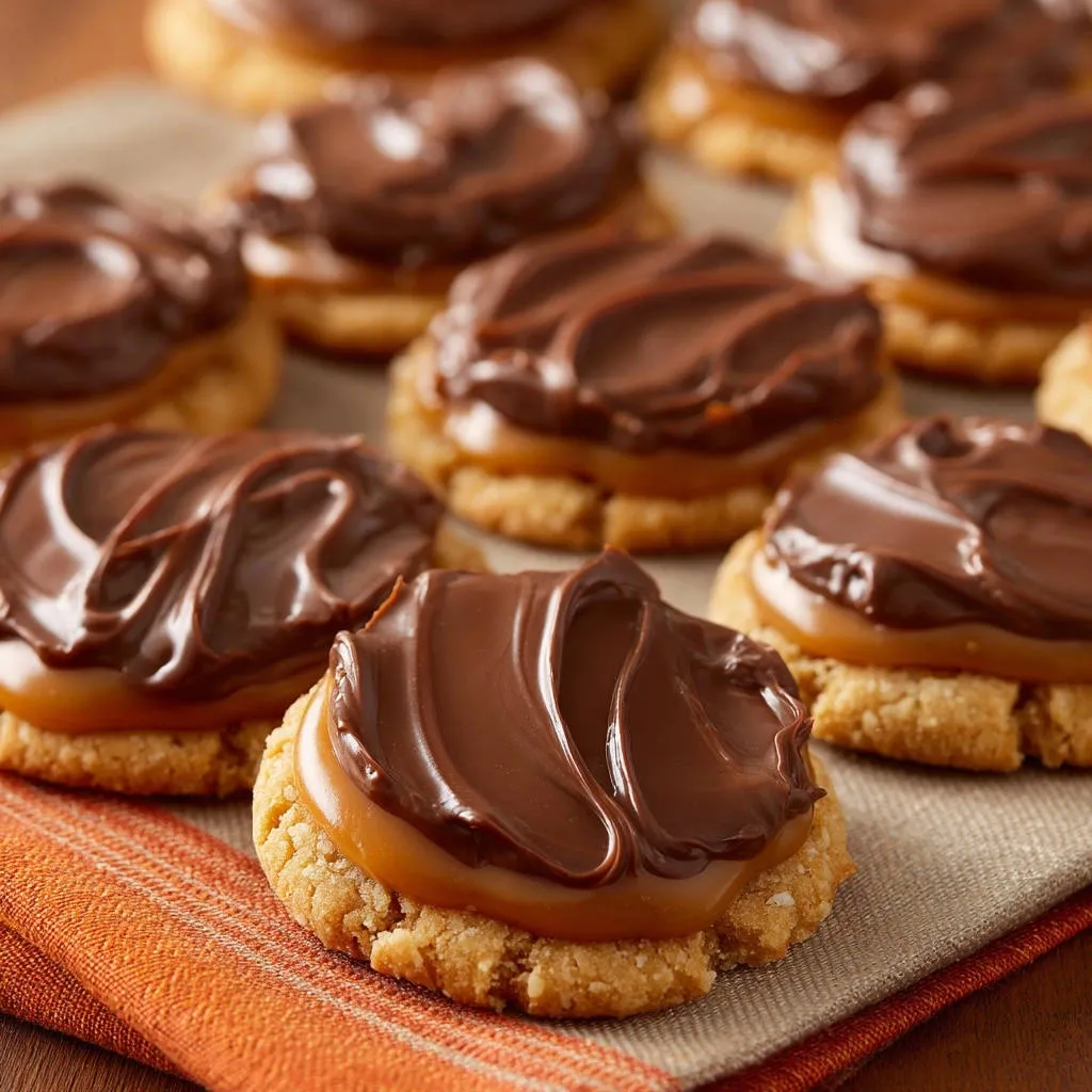 Salted caramel chocolate cookies, a close-up stack, showcasing glossy chocolate topping and chewy caramel.